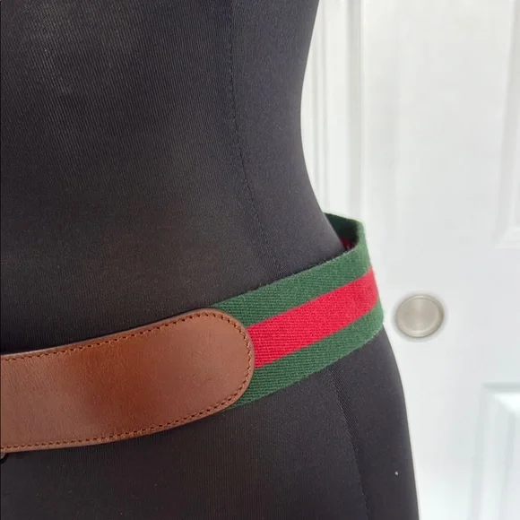 Gucci Brown Leather and Canvas Belt with Gold Buckle - Picture 3 of 8